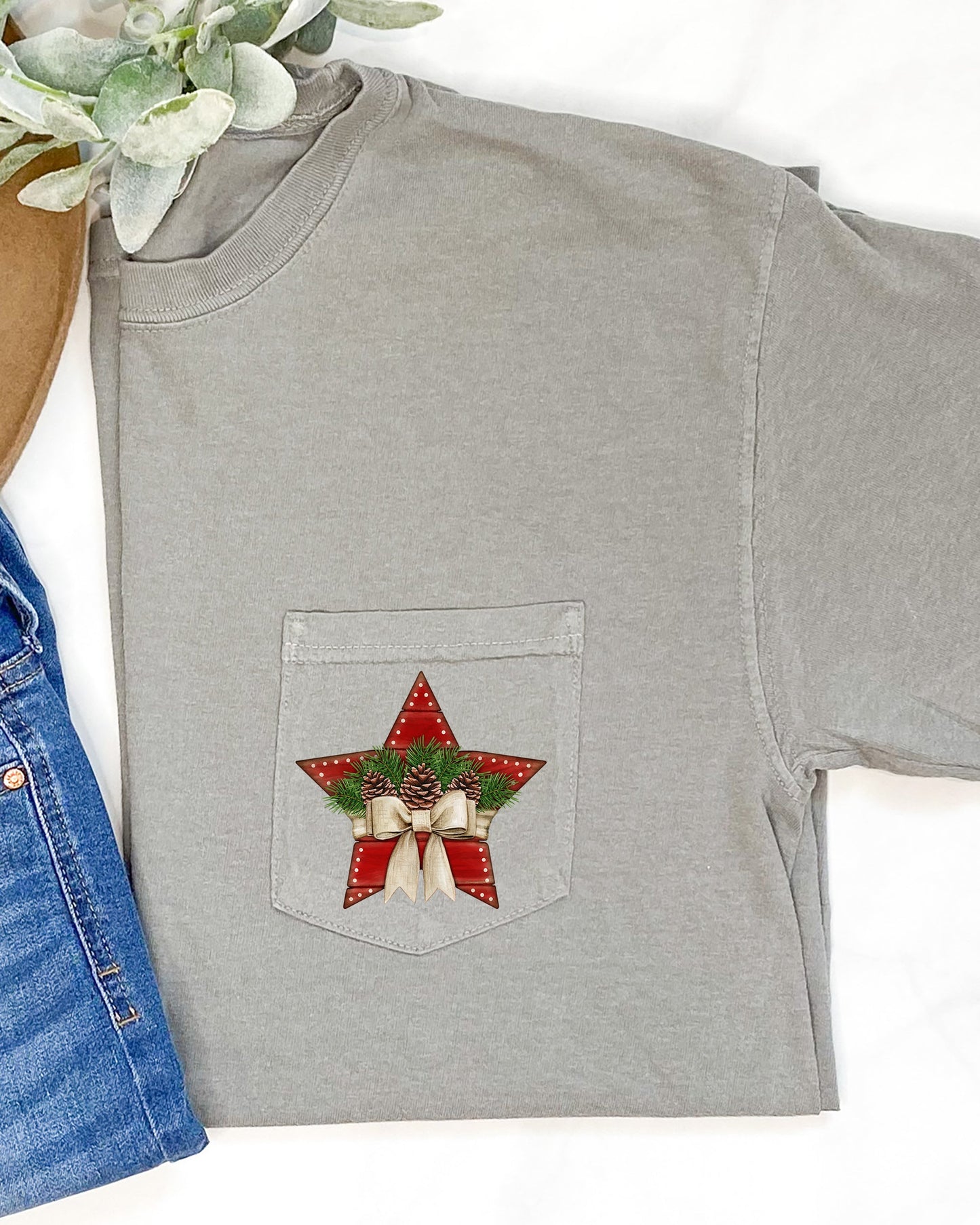 Christmas Star, Pocket, Pine Cones, Ribbon, Winter, Snow, Country, Santa, Xmas Pocket Tee Comfort Colors T-Shirt