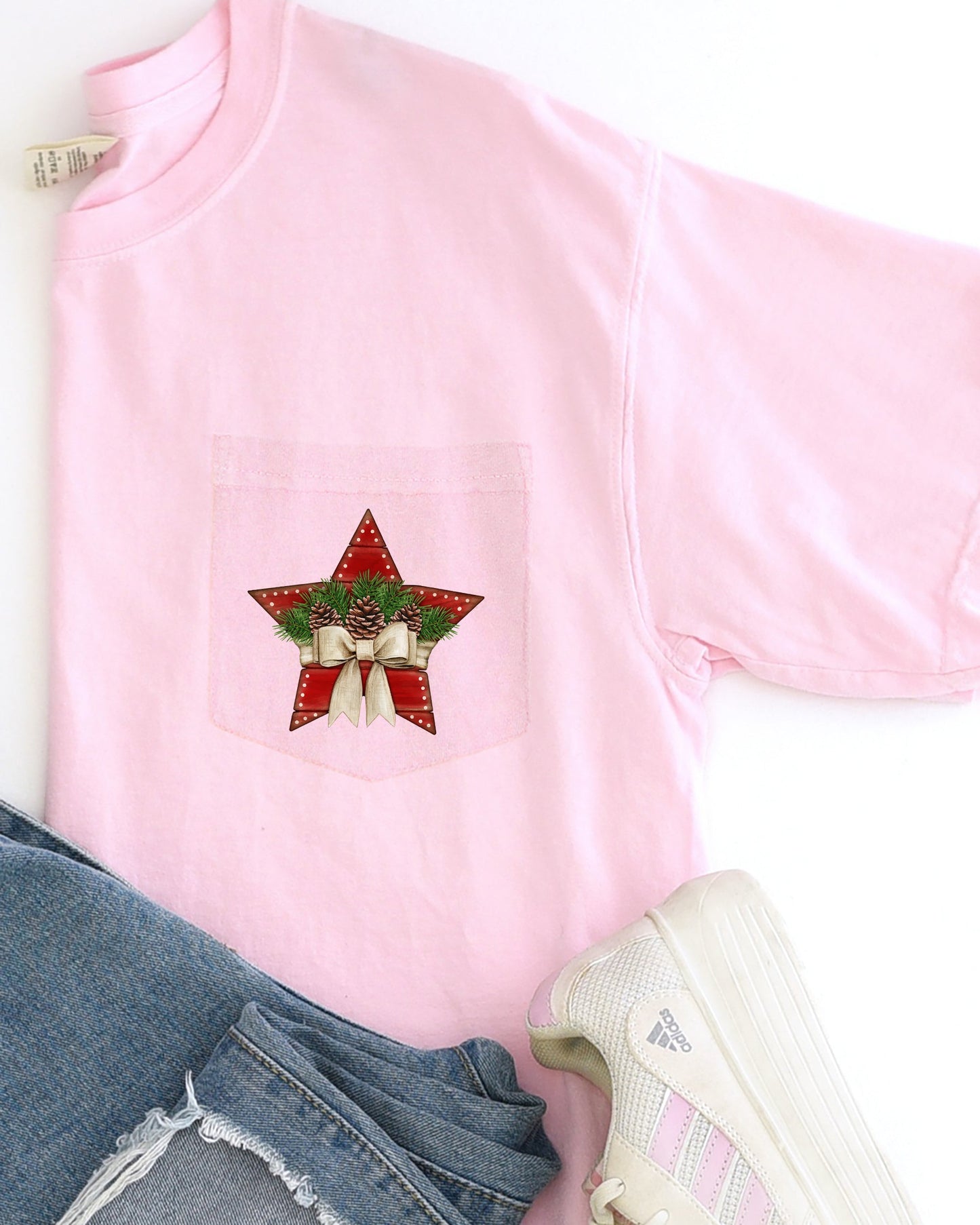 Christmas Star, Pocket, Pine Cones, Ribbon, Winter, Snow, Country, Santa, Xmas Pocket Tee Comfort Colors T-Shirt