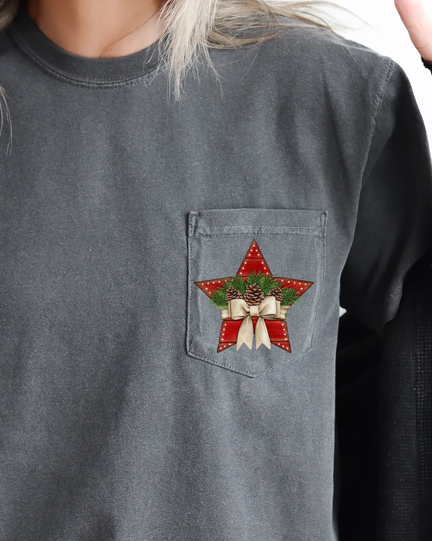 Christmas Star, Pocket, Pine Cones, Ribbon, Winter, Snow, Country, Santa, Xmas Pocket Tee Comfort Colors T-Shirt