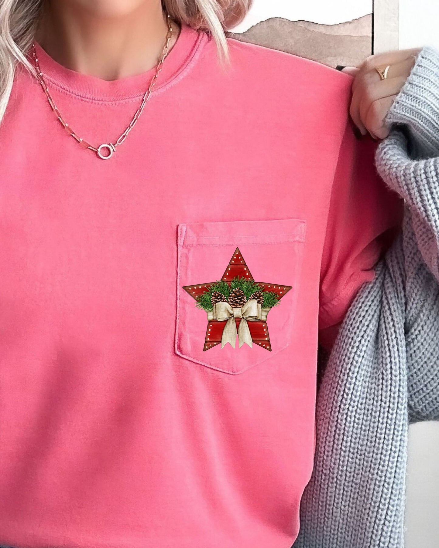 Christmas Star, Pocket, Pine Cones, Ribbon, Winter, Snow, Country, Santa, Xmas Pocket Tee Comfort Colors T-Shirt