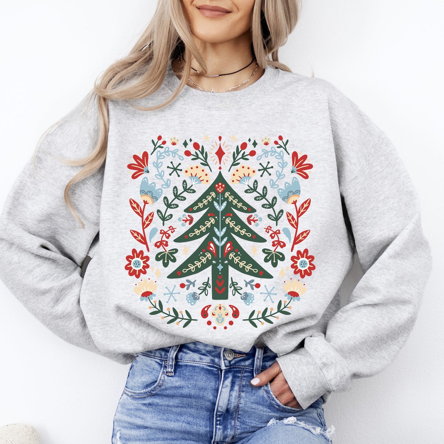 Christmas Tree Folk Art, Scandinavian, Classic, Santa, Floral Sweatshirt
