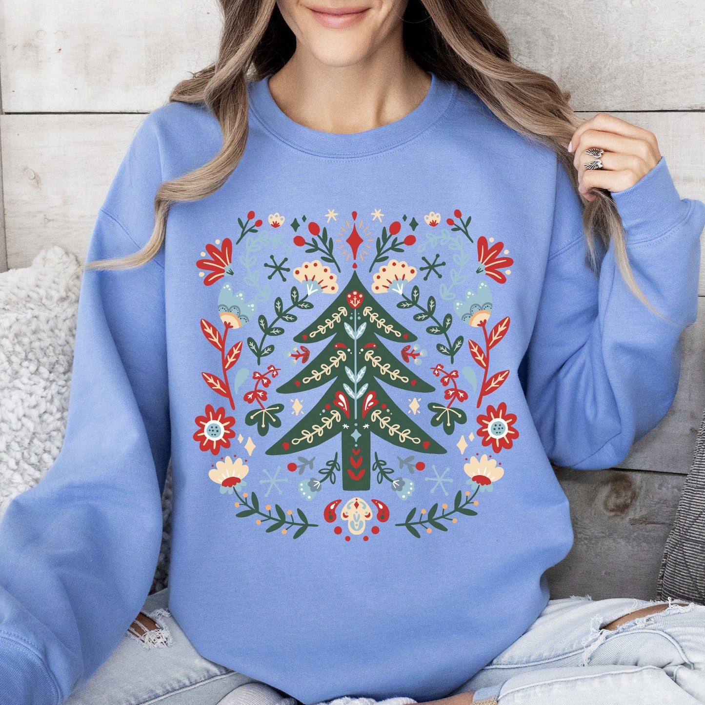 Christmas Tree Folk Art, Scandinavian, Classic, Santa, Floral Sweatshirt