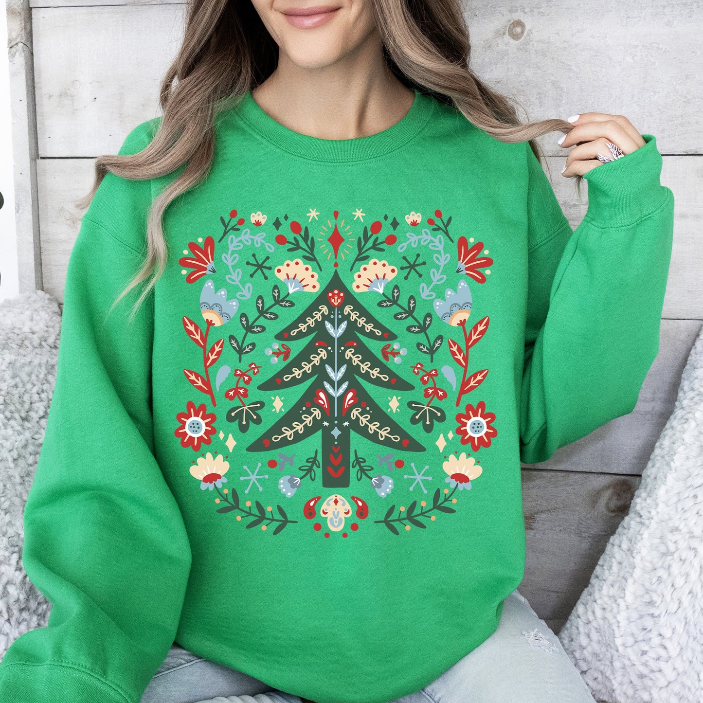 Christmas Tree Folk Art, Scandinavian, Classic, Santa, Floral Sweatshirt