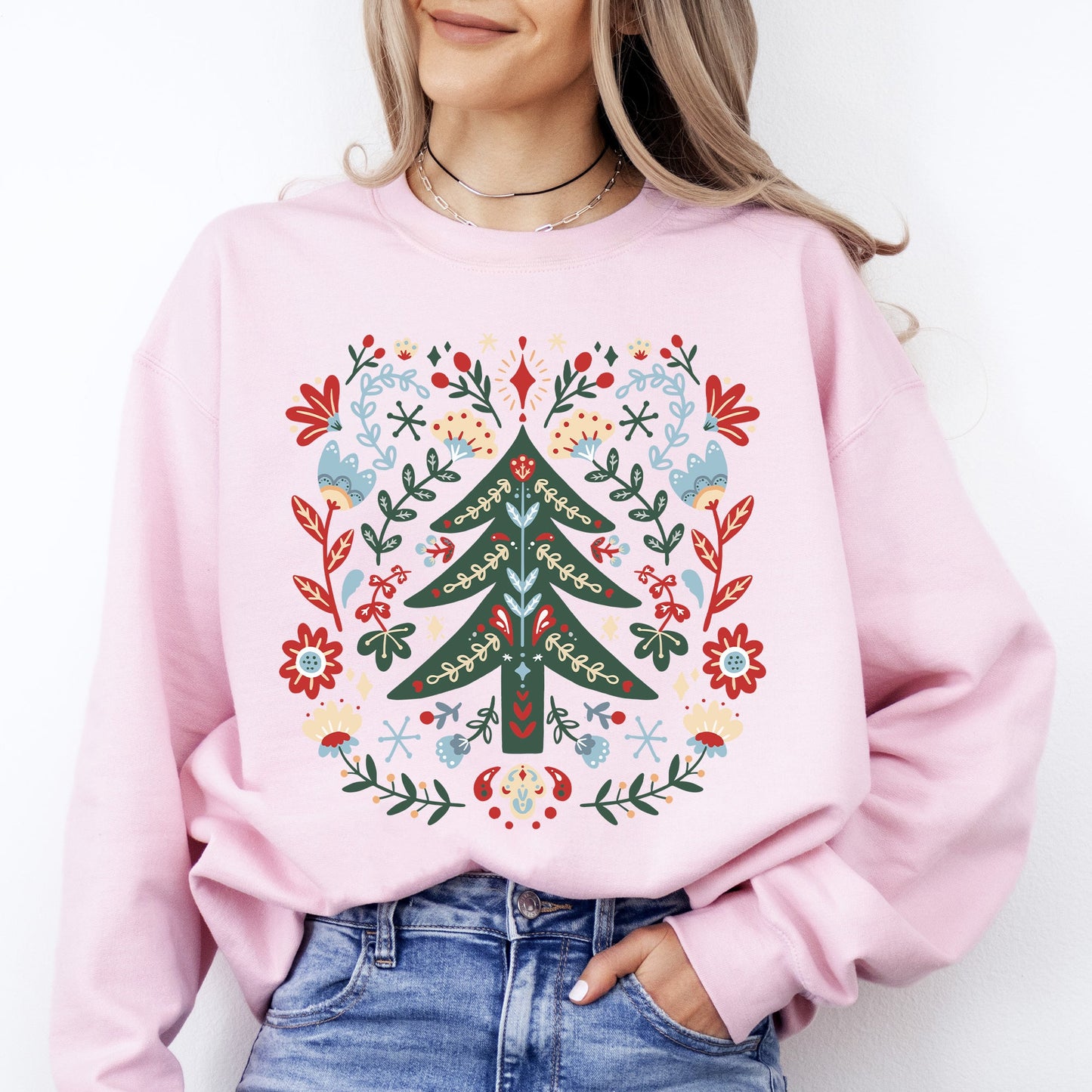 Christmas Tree Folk Art, Scandinavian, Classic, Santa, Floral Sweatshirt