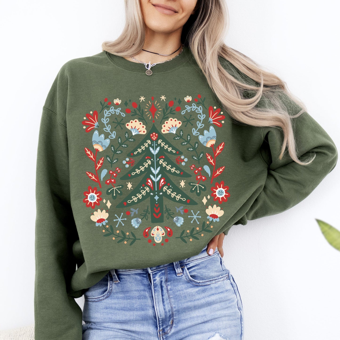 Christmas Tree Folk Art, Scandinavian, Classic, Santa, Floral Sweatshirt