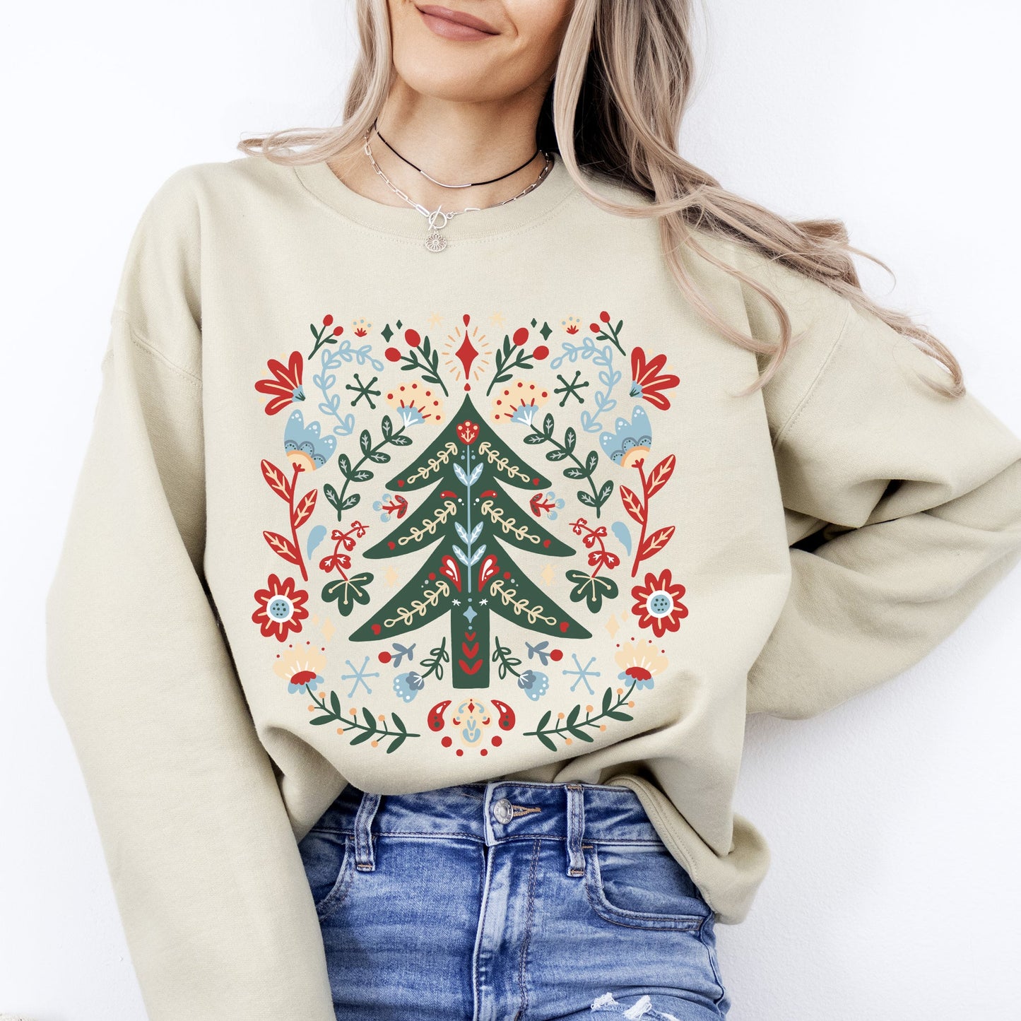 Christmas Tree Folk Art, Scandinavian, Classic, Santa, Floral Sweatshirt