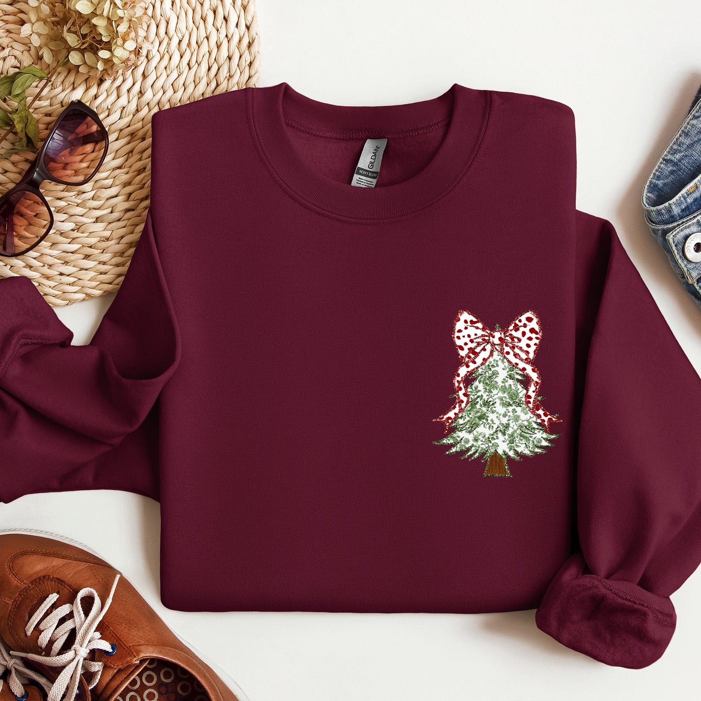 Christmas Tree, Pocket, Floral Coquette, Ribbons, Xmas Sweatshirt