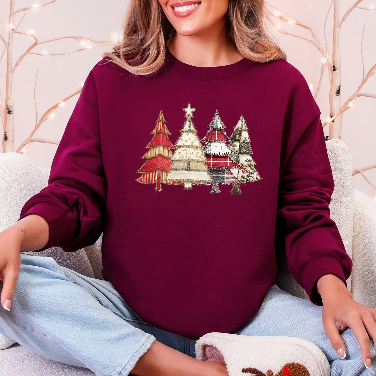 Christmas Trees, Faux Quilt, Santa, Traditional Sweatshirt