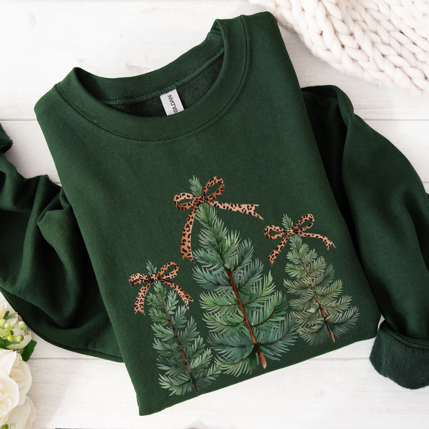 Christmas Trees, Leopard Print Bow, Minimalist, Santa, Snow, Xmas Sweatshirt