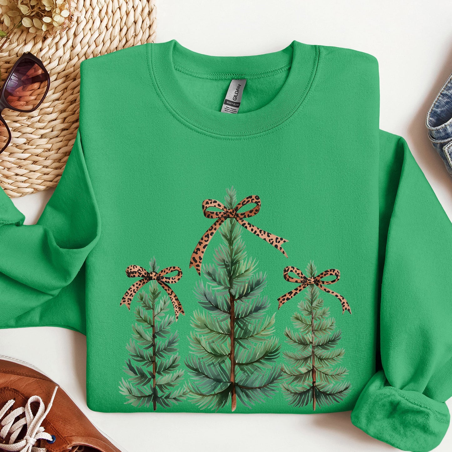 Christmas Trees, Leopard Print Bow, Minimalist, Santa, Snow, Xmas Sweatshirt