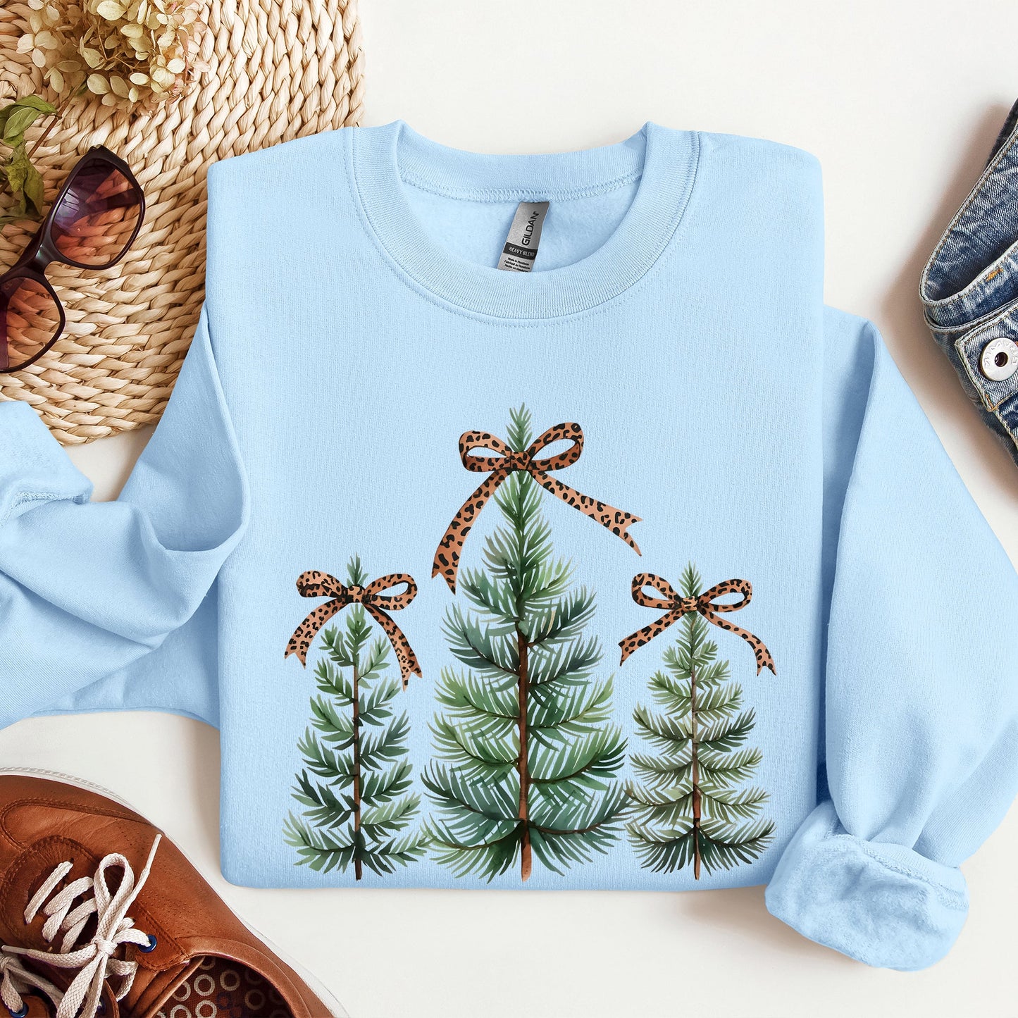 Christmas Trees, Leopard Print Bow, Minimalist, Santa, Snow, Xmas Sweatshirt