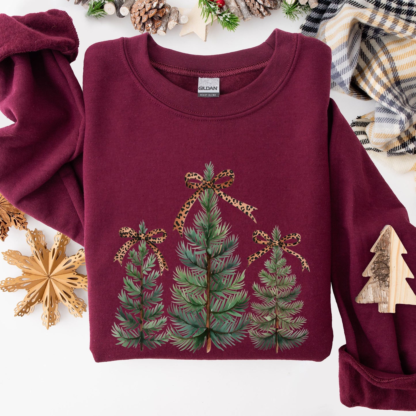 Christmas Trees, Leopard Print Bow, Minimalist, Santa, Snow, Xmas Sweatshirt