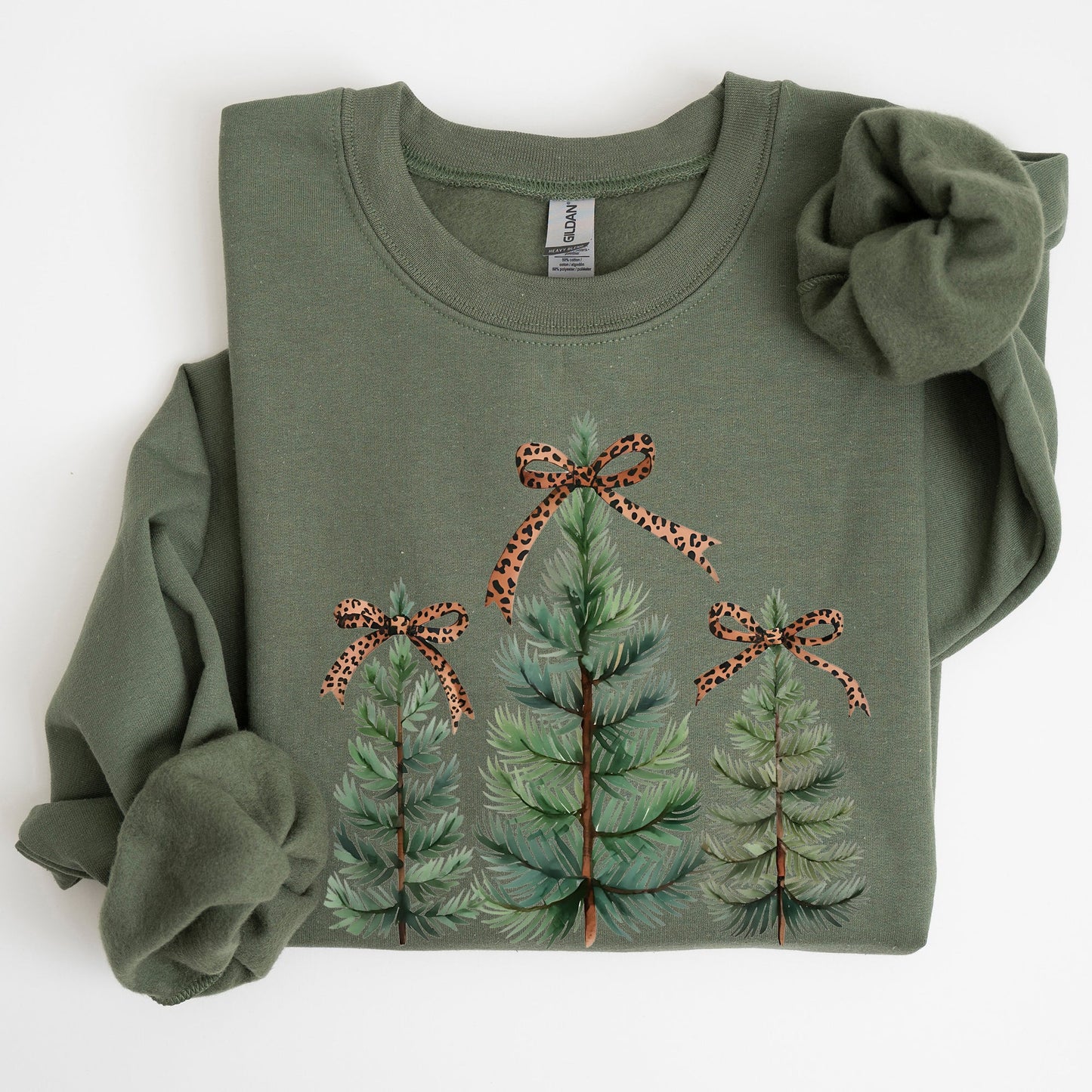 Christmas Trees, Leopard Print Bow, Minimalist, Santa, Snow, Xmas Sweatshirt