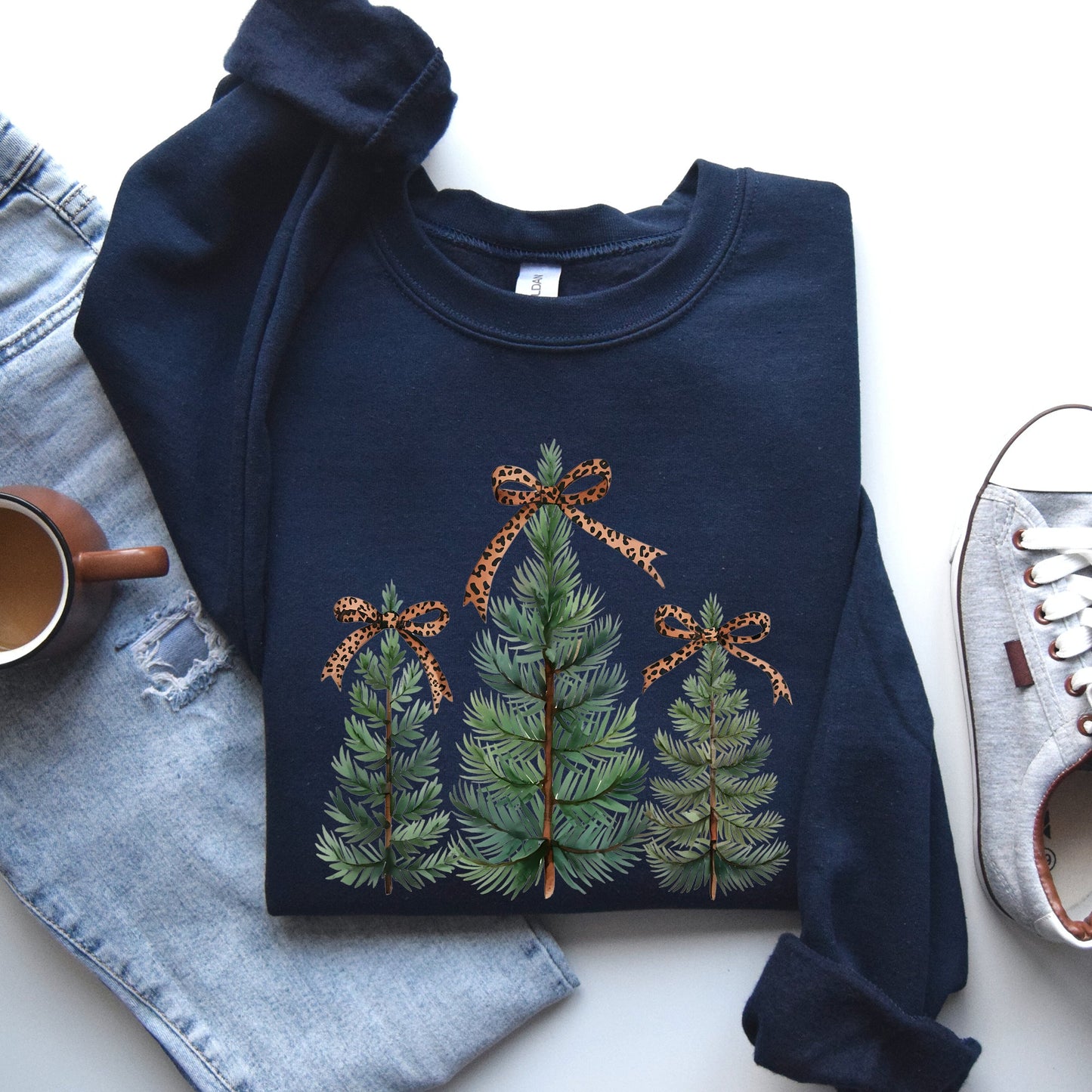 Christmas Trees, Leopard Print Bow, Minimalist, Santa, Snow, Xmas Sweatshirt