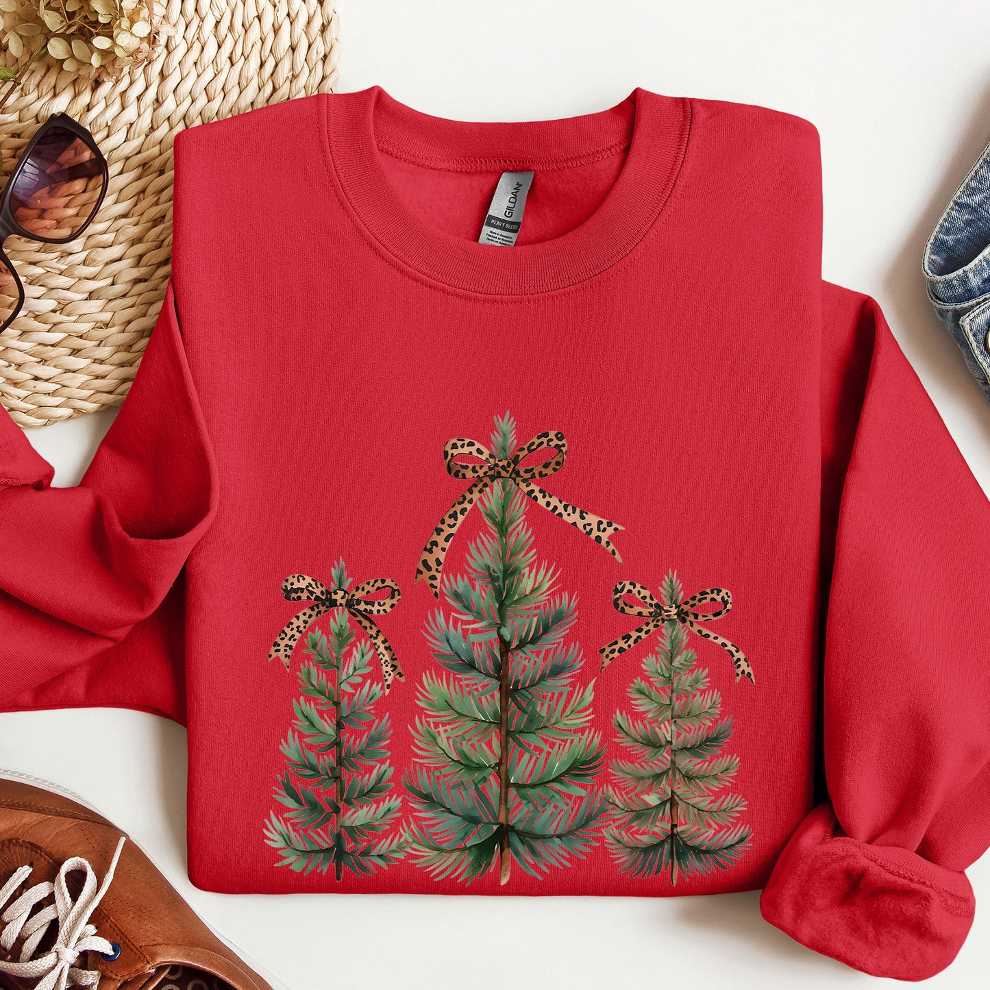 Christmas Trees, Leopard Print Bow, Minimalist, Santa, Snow, Xmas Sweatshirt