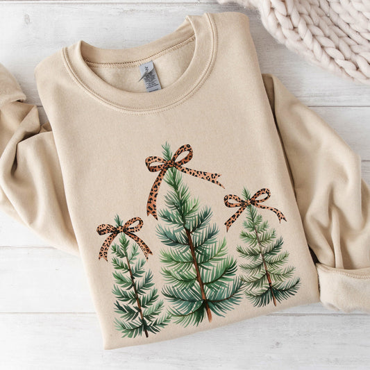 Christmas Trees, Leopard Print Bow, Minimalist, Santa, Snow, Xmas Sweatshirt
