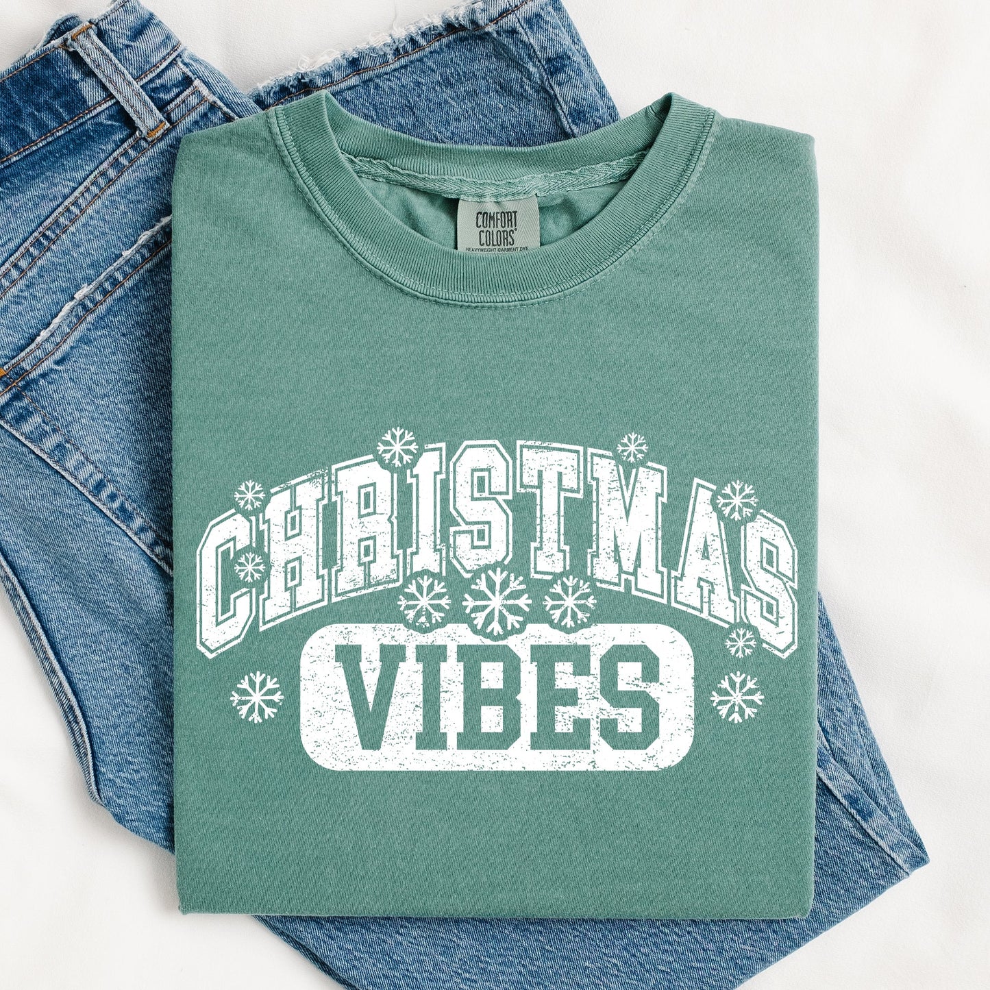 Christmas Vibes, Snowflakes, Retro, Varsity, Santa, Snow, Xmas Tshirt Comfort Colors T-Shirt