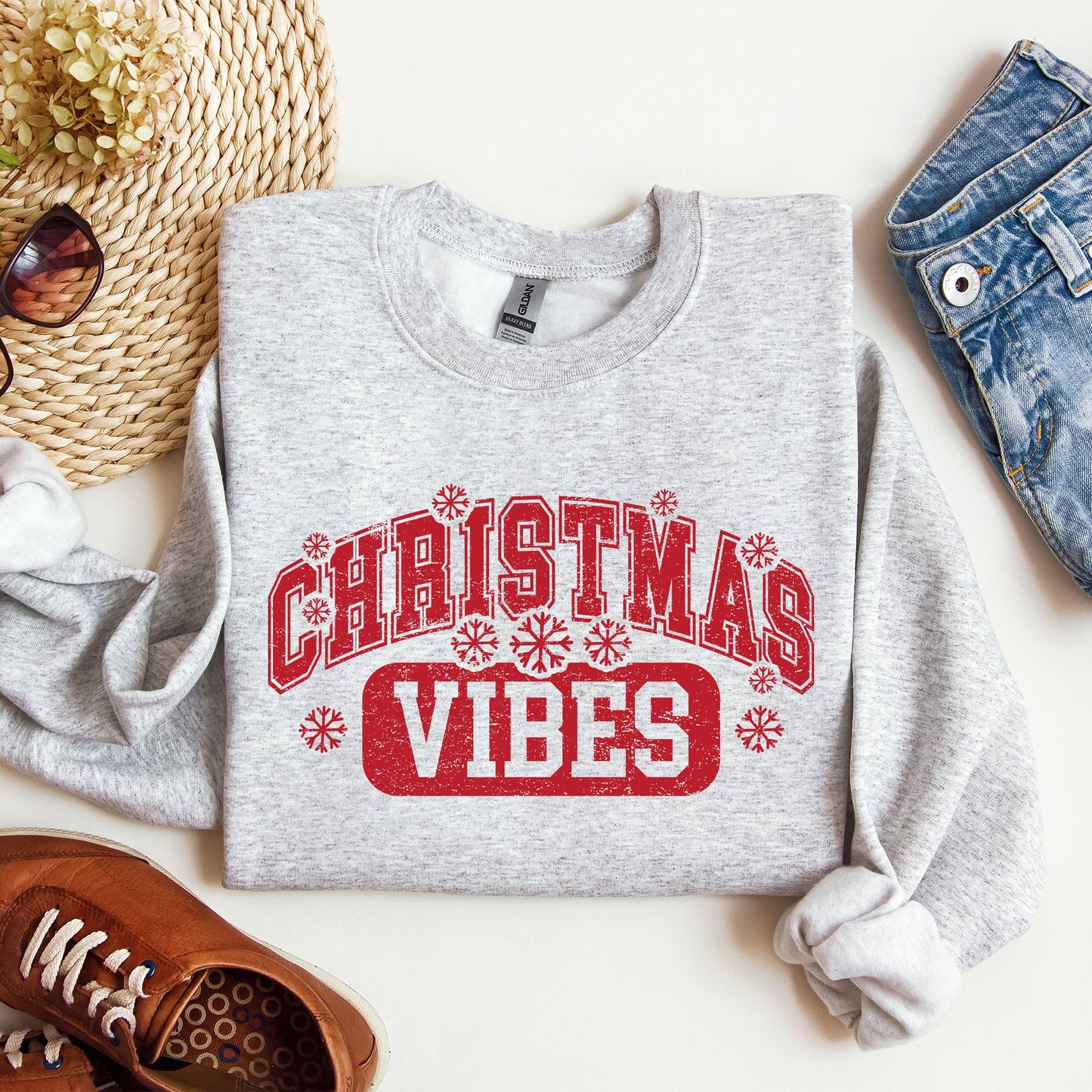 Christmas Vibes, Snowflakes, Retro, Varsity, Santa, Snow, Xmas Sweatshirt