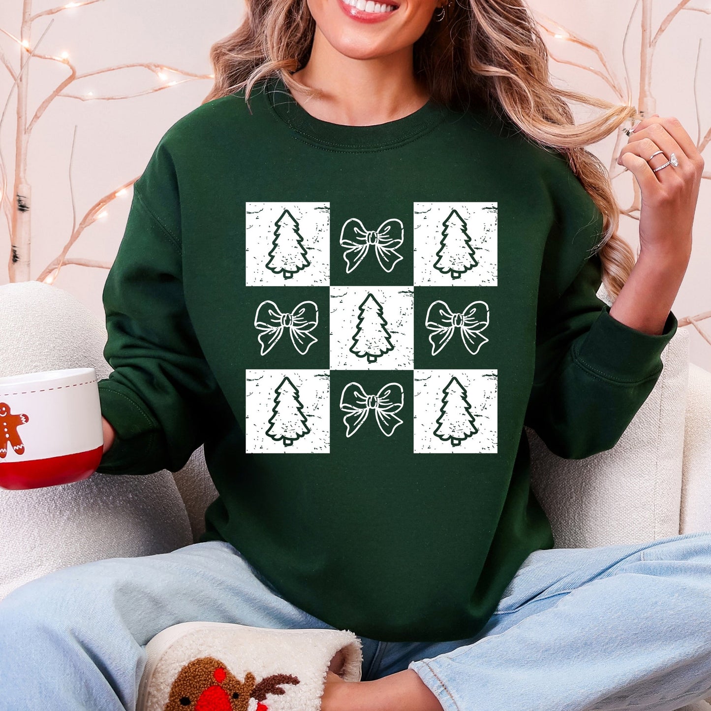 Christmas, Checkered, Bows, Tree, Minimalist, Vintage Sweatshirt
