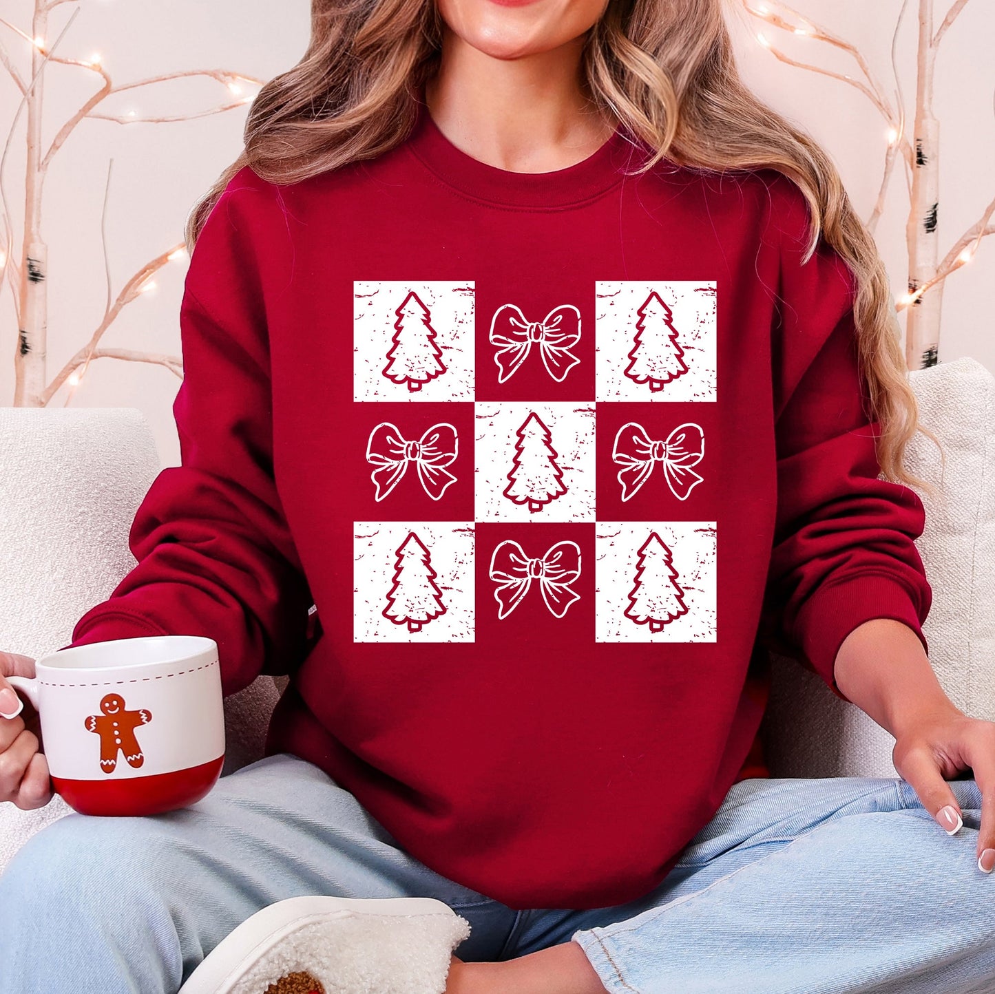 Christmas, Checkered, Bows, Tree, Minimalist, Vintage Sweatshirt