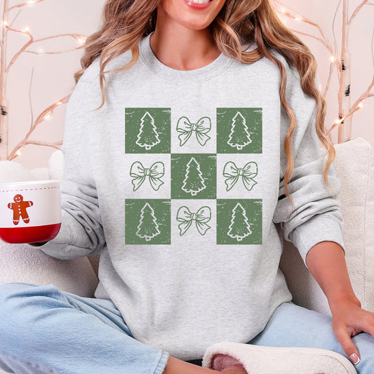 Christmas, Checkered, Bows, Tree, Minimalist, Vintage Sweatshirt
