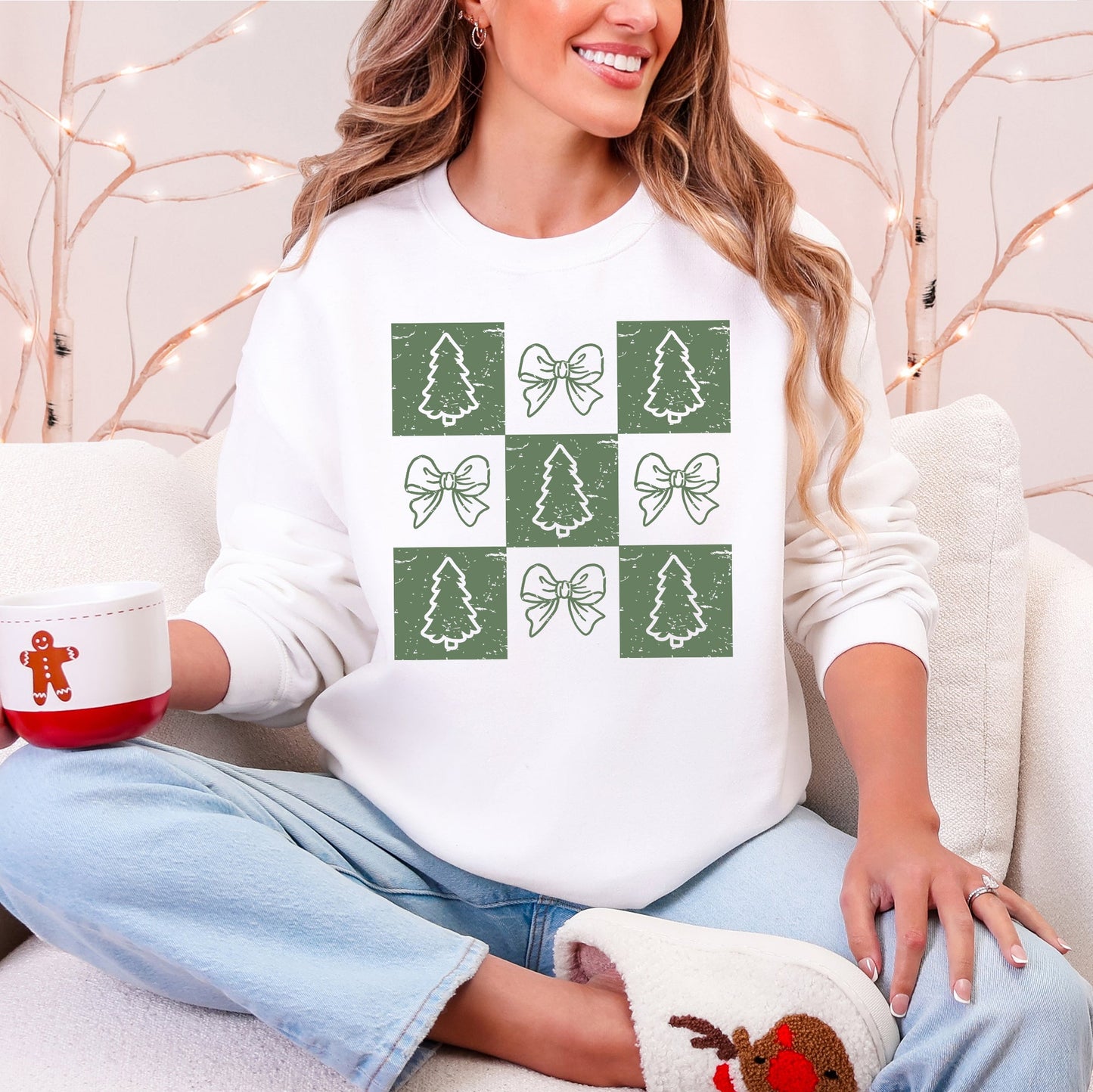 Christmas, Checkered, Bows, Tree, Minimalist, Vintage Sweatshirt