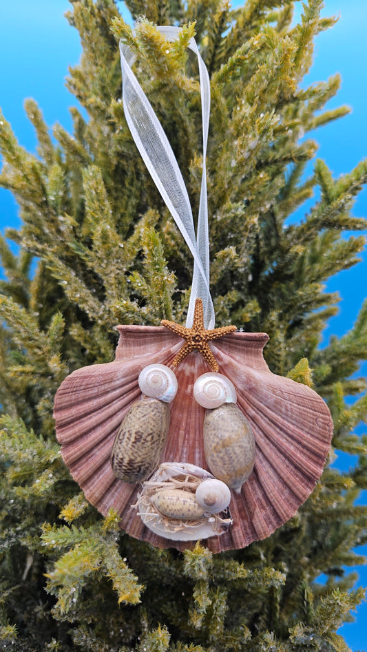 Christmas Ornament - Coastal Nativity Handmade Scallop Shell Holiday Decor 3-4"