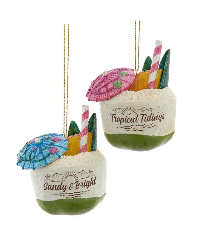 Christmas Ornament - Coastal Holiday Decor 3.5" Resin Coconut Drink Ornaments 2 Assorted
