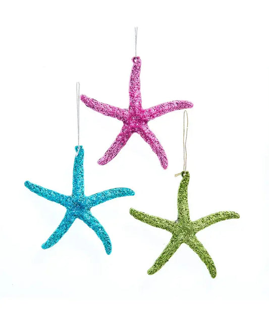 Christmas Ornament - Coastal Starfish Holiday Decor Glittered 3 Assorted
