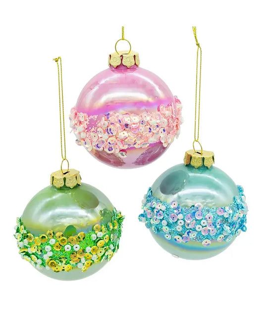 Christmas Ornament – Coastal Glass Glitter Ball in Pink, Blue, or Green 80MM