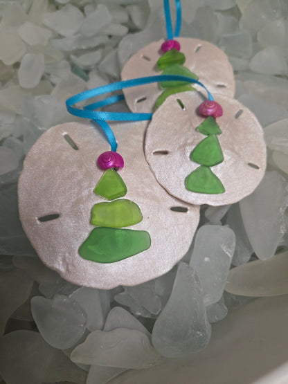 Christmas Ornament - Coastal Sand Dollar with Sea Glass Tree Handmade