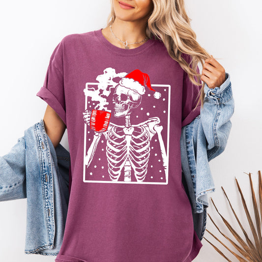 Coffee Lover Santa Skeleton, Christmas, Snow, Winter, Xmas Tshirt Comfort Colors T-Shirt