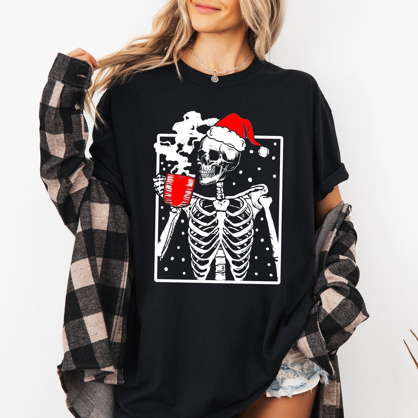 Coffee Lover Santa Skeleton, Christmas, Snow, Winter, Xmas Tshirt Comfort Colors T-Shirt