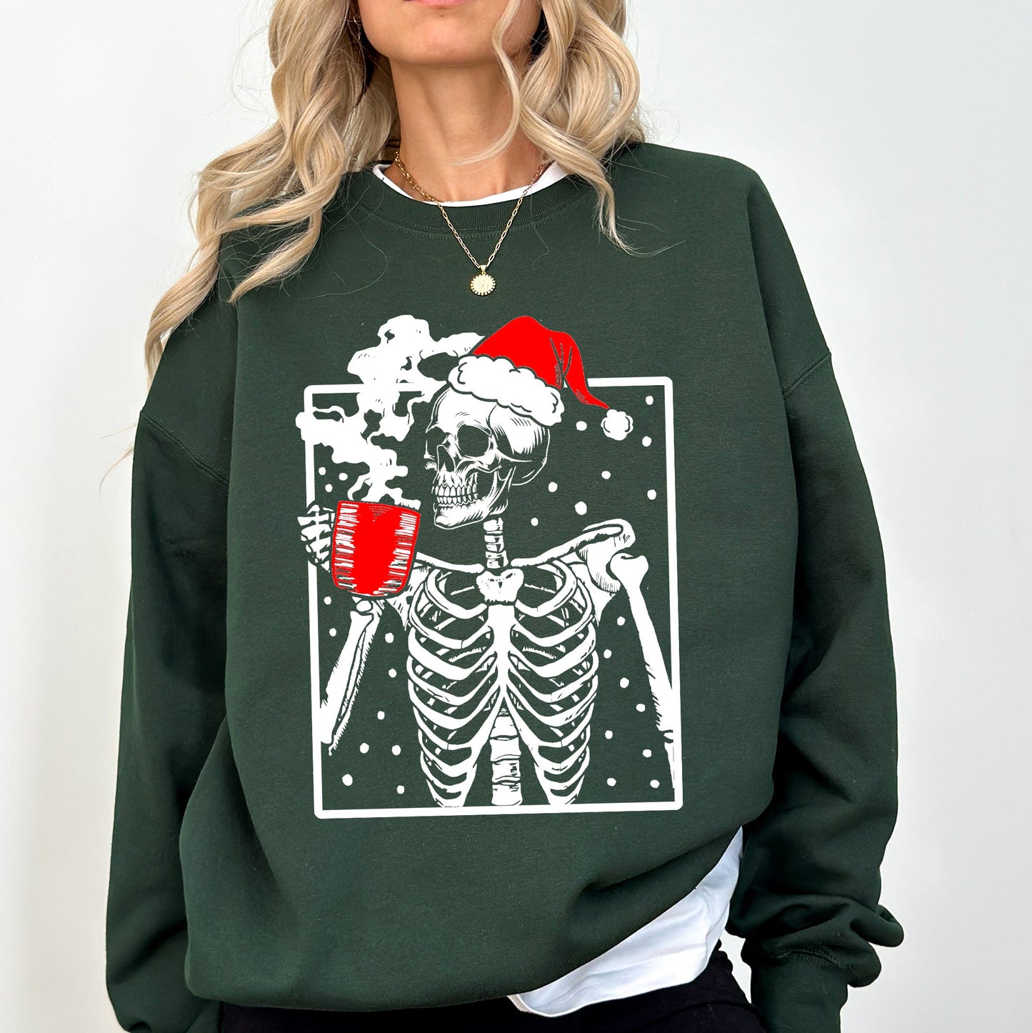 Coffee Lover Santa Skeleton, Christmas, Snow, Winter, Xmas Sweatshirt