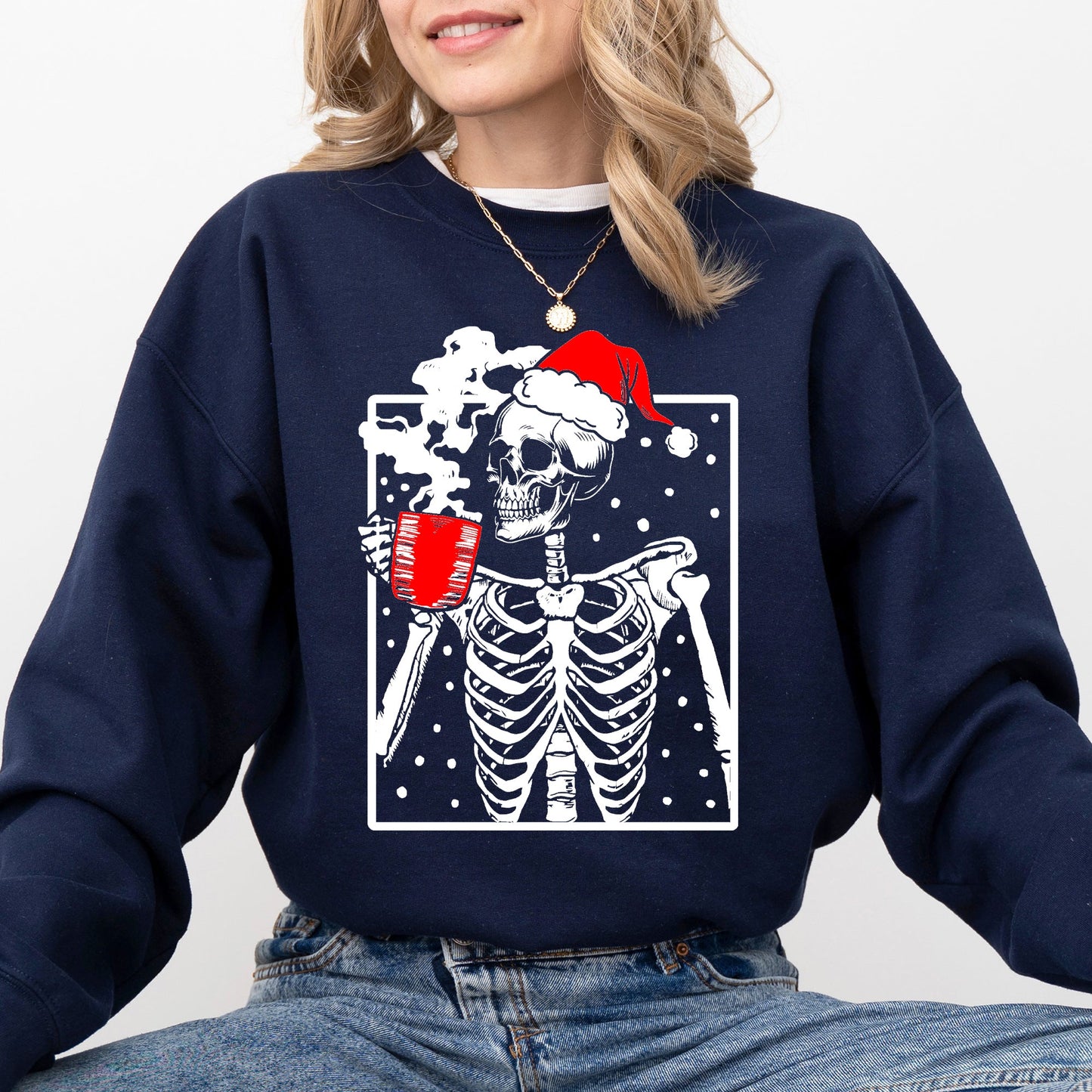 Coffee Lover Santa Skeleton, Christmas, Snow, Winter, Xmas Sweatshirt