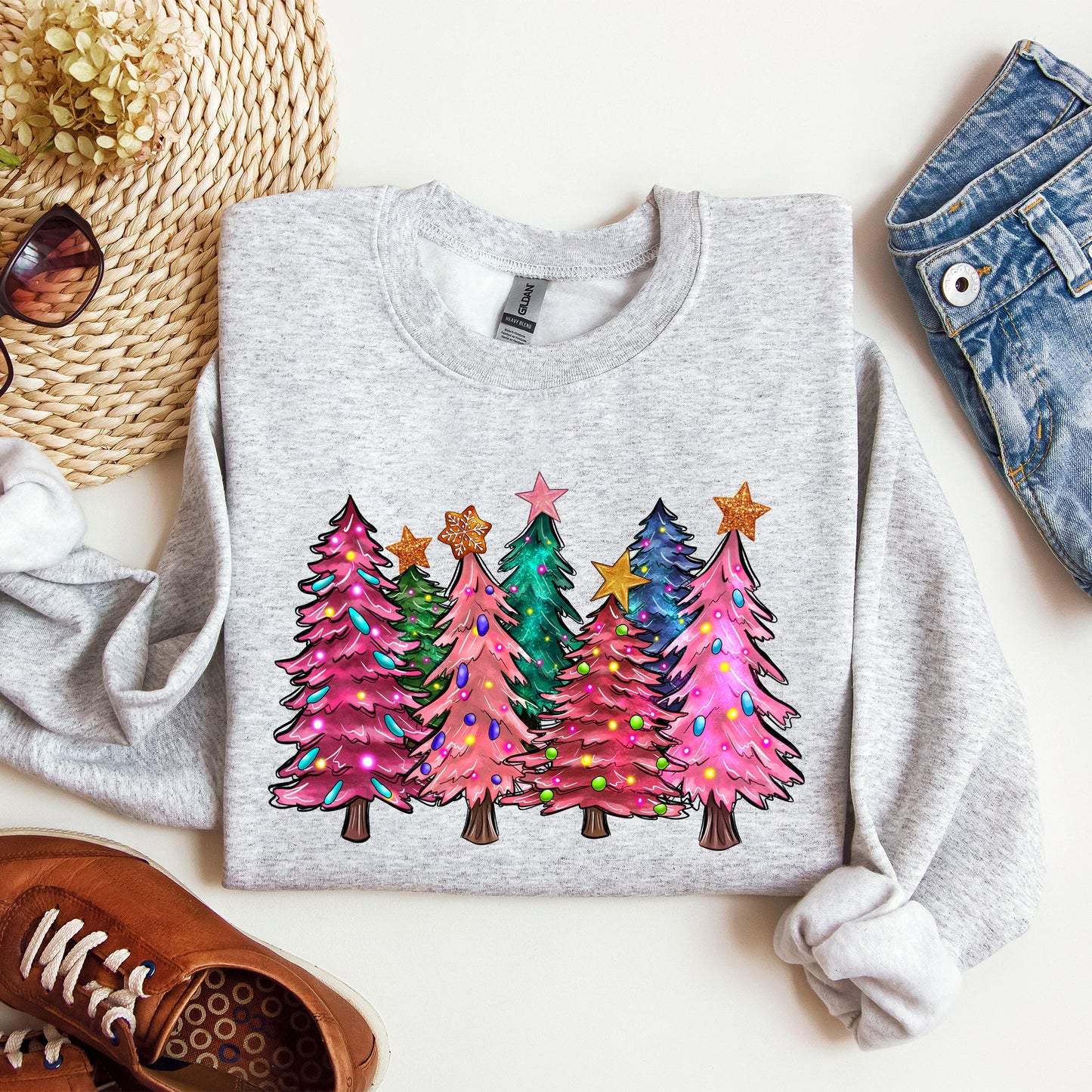 Colorful Christmas Tree, Retro, Santa, Winter, Xmas Sweatshirt