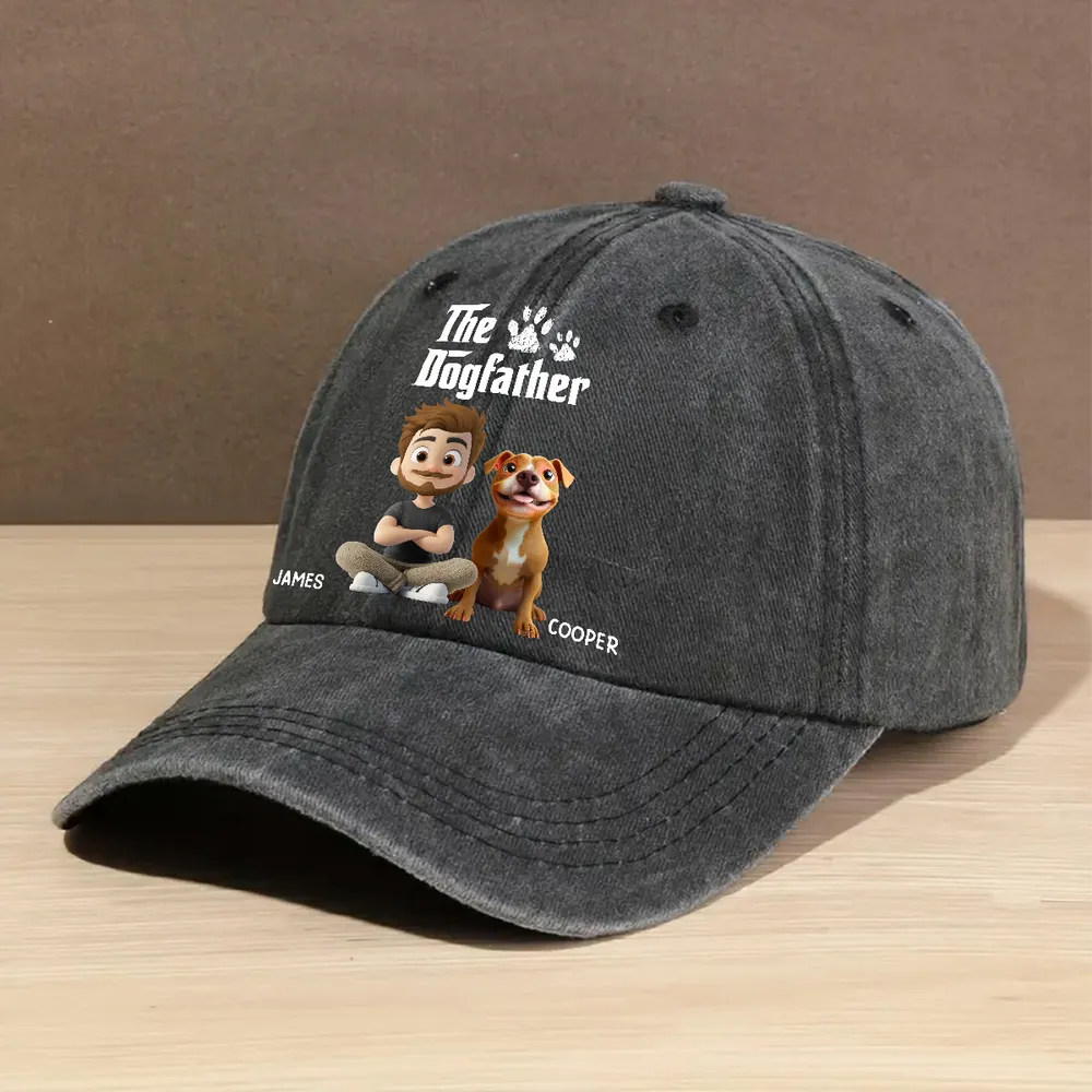 Cool Dog Father - Personalized Custom Vintage Washed Denim Cap - Gift for Him, Husband, Daddy, Father's Day