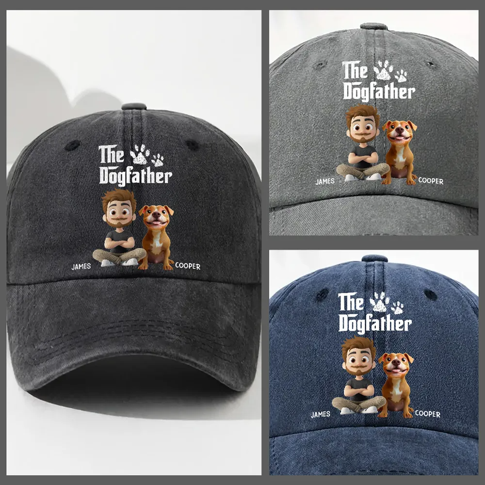 Cool Dog Father - Personalized Custom Vintage Washed Denim Cap - Gift for Him, Husband, Daddy, Father's Day