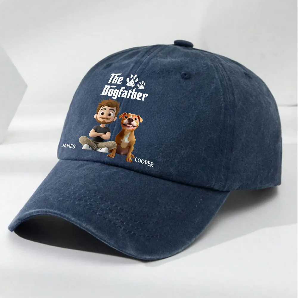 Cool Dog Father - Personalized Custom Vintage Washed Denim Cap - Gift for Him, Husband, Daddy, Father's Day