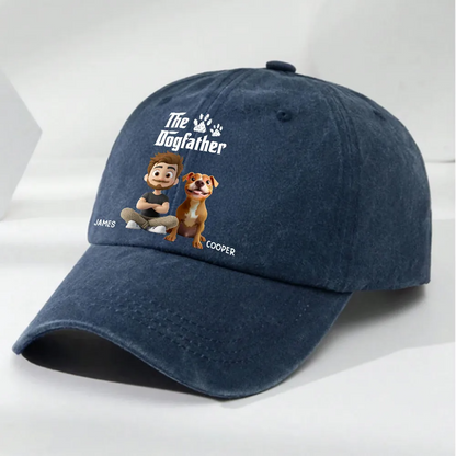 Cool Dog Father - Personalized Custom Vintage Washed Denim Cap - Gift for Him, Husband, Daddy, Father's Day
