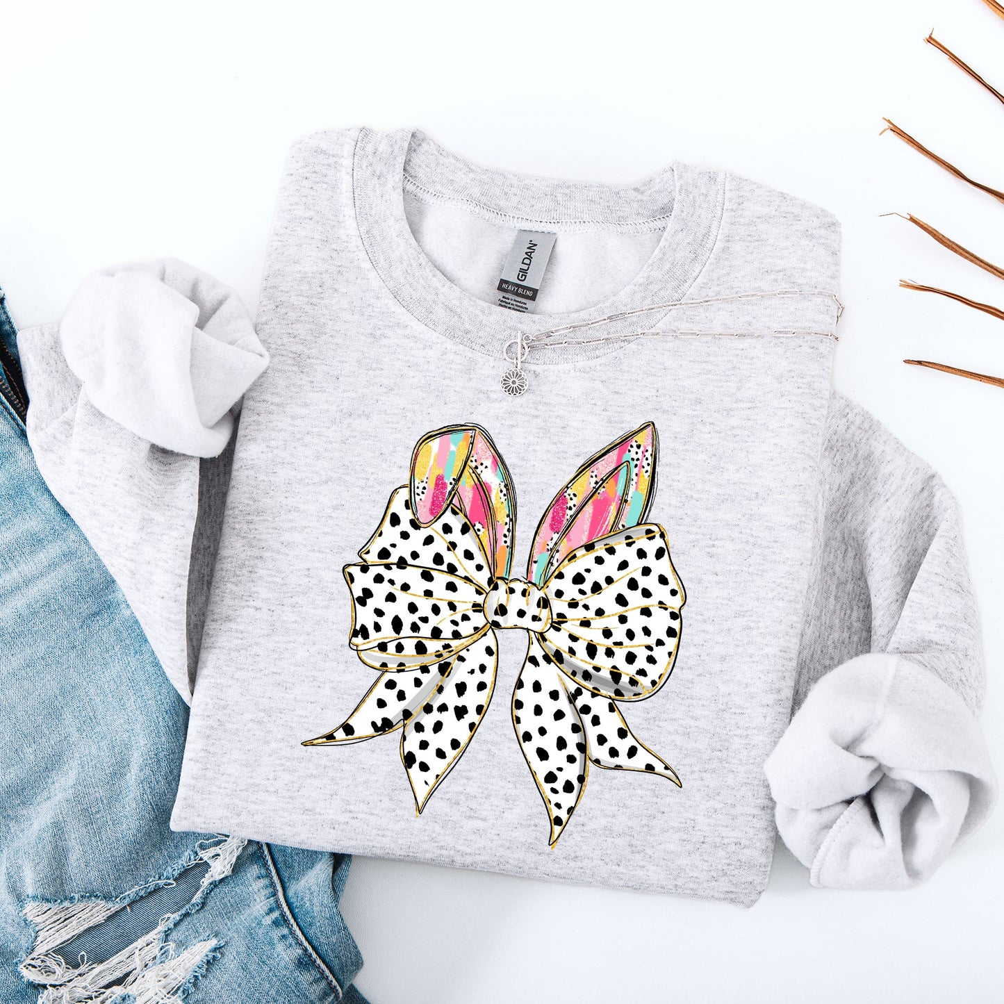 Coquette, Dalmatian Print, Rabbit Ears, Ribbon Bows, Easter, Bunny, Jesus, Rabbit, Holiday Sweatshirt