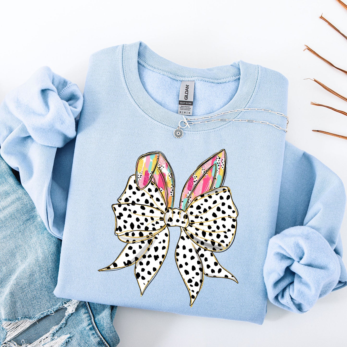 Coquette, Dalmatian Print, Rabbit Ears, Ribbon Bows, Easter, Bunny, Jesus, Rabbit, Holiday Sweatshirt