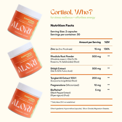 ALORi cortisol supplement containers with nutrition facts on a white background