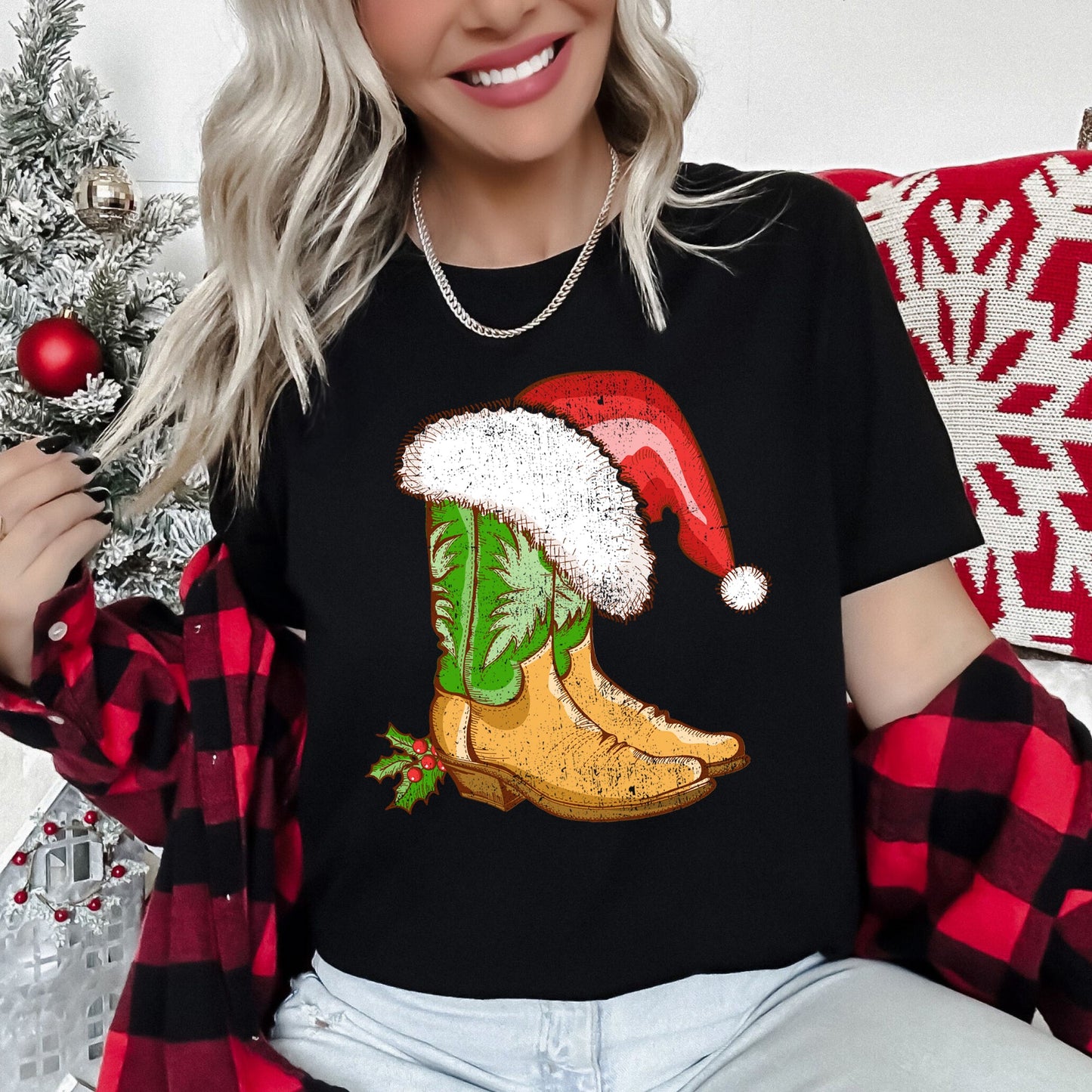 Country Christmas Cowboy Boots, Santa Hat Super Soft Tees
