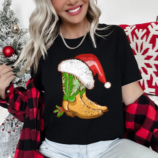 Country Christmas Cowboy Boots, Santa Hat Super Soft Tees
