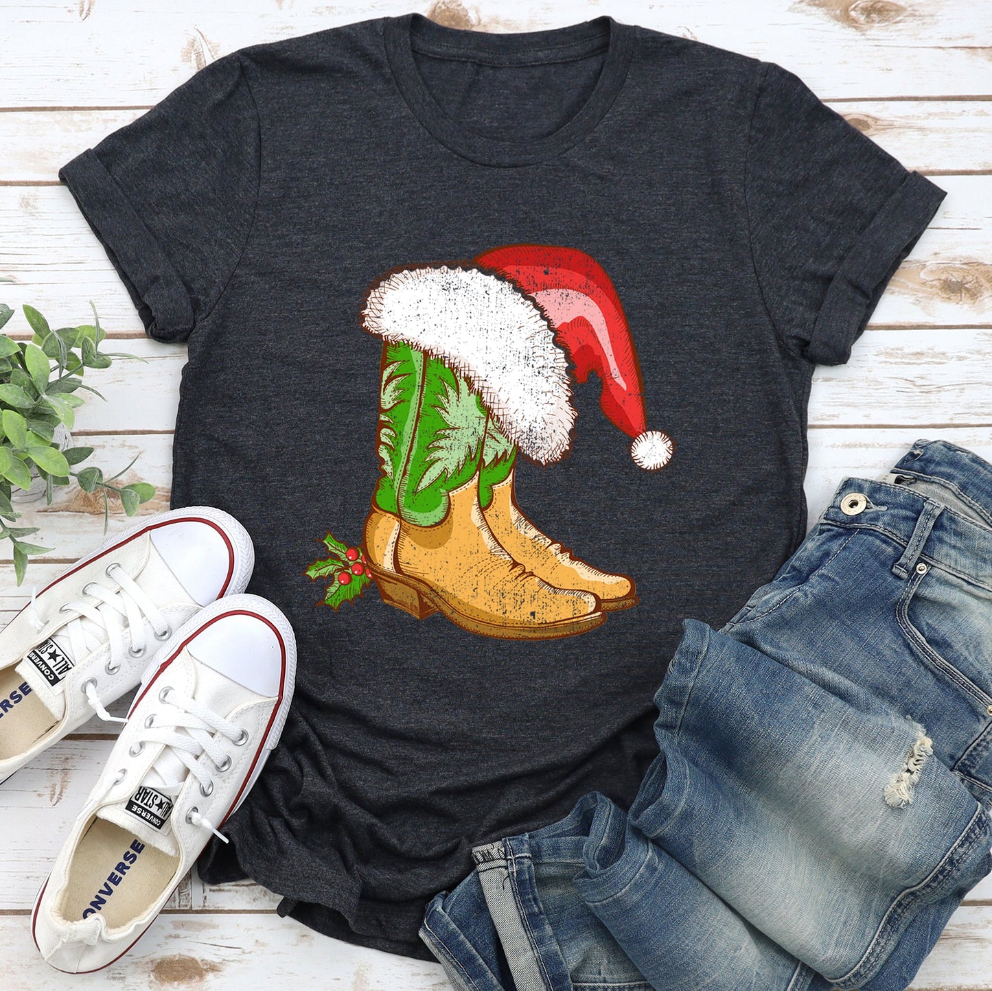 Country Christmas Cowboy Boots, Santa Hat Super Soft Tees