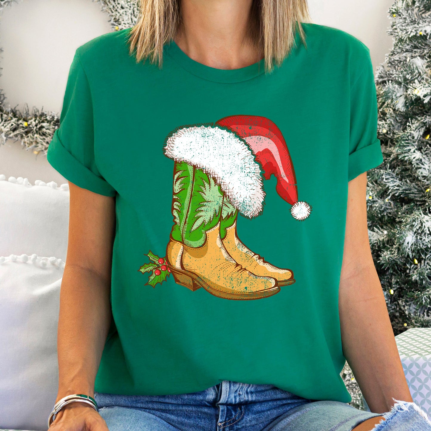 Country Christmas Cowboy Boots, Santa Hat Super Soft Tees