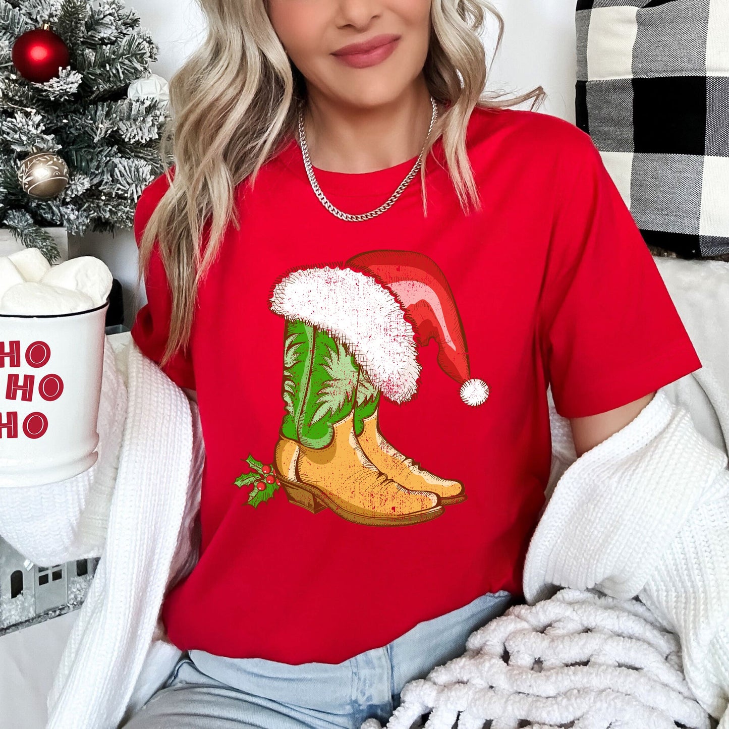 Country Christmas Cowboy Boots, Santa Hat Super Soft Tees