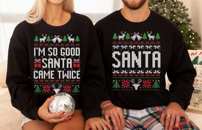 Unisex Funny Couples Ugly Christmas Sweater, Couples Matching Ugly Christmas Sweater, Santa Twice, Christmas Pajamas