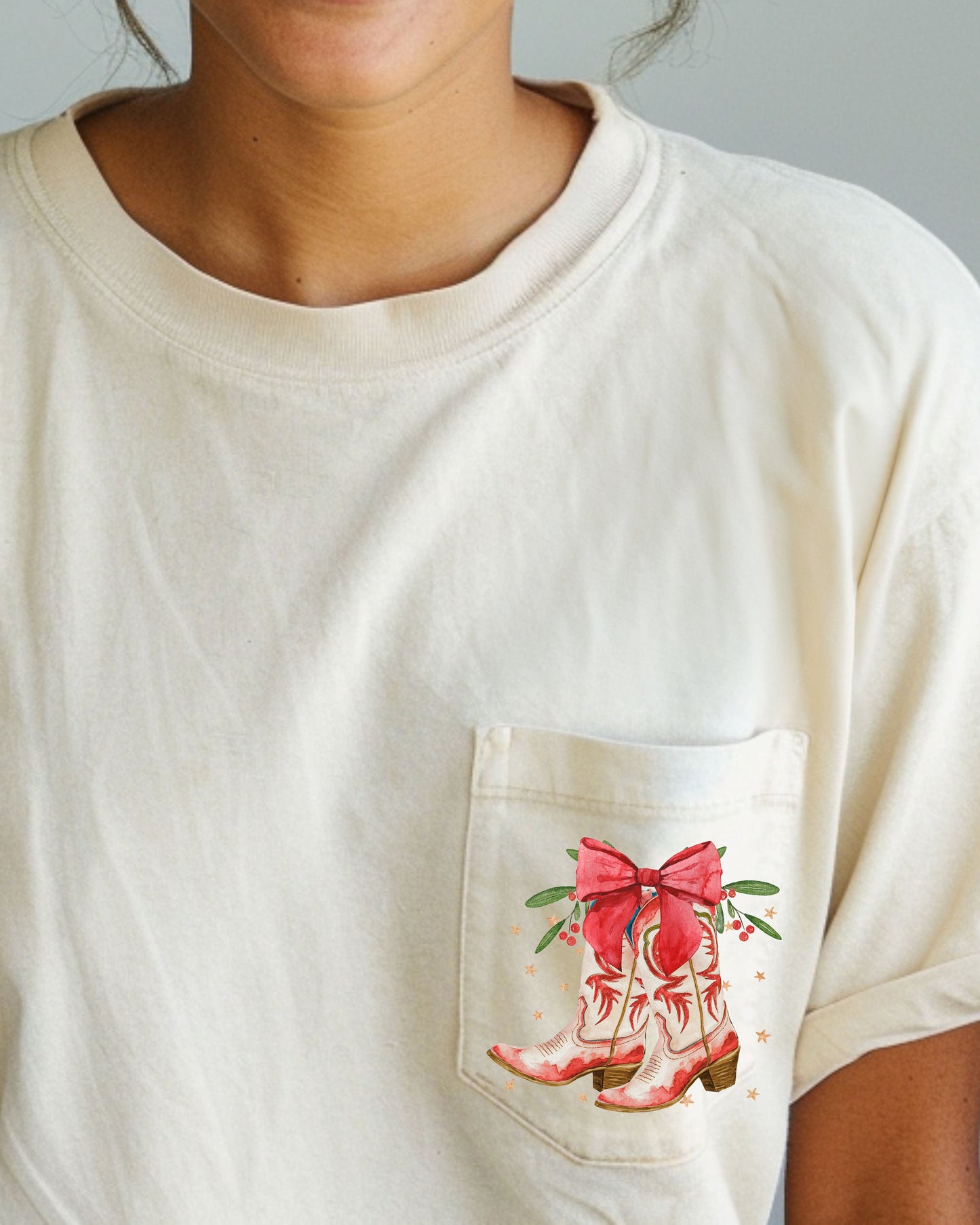 Cowboy Boots, Pocket, Christmas, Bow, Mistletoe, Santa, Winter, Snow, Xmas Pocket Tee Comfort Colors T-Shirt